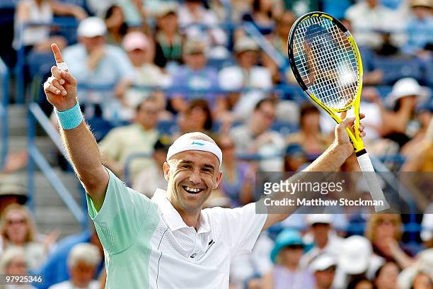 Ivan Ljubicic of Croatia celebrates match point against Andy Roddick during the final of the BNP Paribas Open on March 21, 2010 at the Indian Wells...