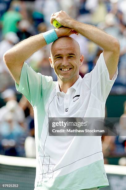 Ivan Ljubicic of Croatia celebrates match point against Andy Roddick during the final of the BNP Paribas Open on March 21, 2010 at the Indian Wells...