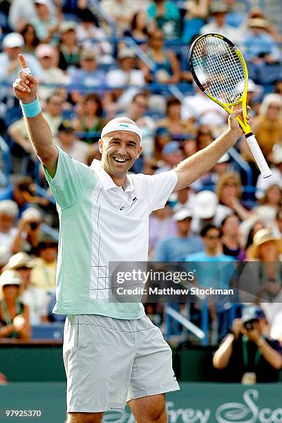 Ivan Ljubicic of Croatia celebrates match point against Andy Roddick during the final of the BNP Paribas Open on March 21, 2010 at the Indian Wells...