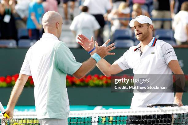 Ivan Ljubicic of Croatia is congratulated by Andy Roddick after their match during the final of the BNP Paribas Open on March 21, 2010 at the Indian...