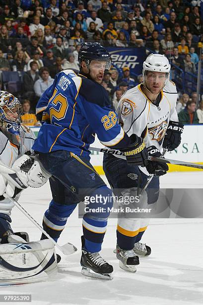 Pekka Rinne and Kevin Klein of the Nashville Predators defend against Brad Boyes of the St. Louis Blues on March 21, 2010 at Scottrade Center in St....
