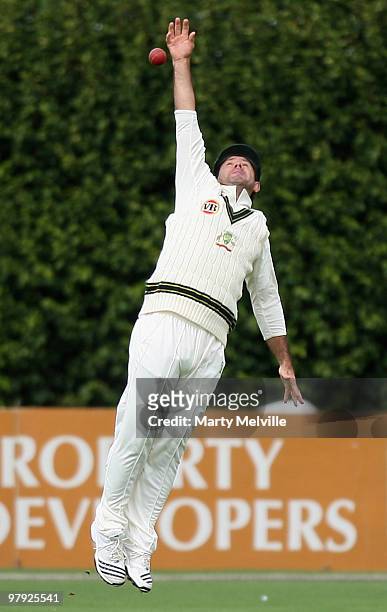 Ricky Ponting of Australia jumps to catch Daniel Vettori of New Zealand during day four of the First Test match between New Zealand and Australia at...