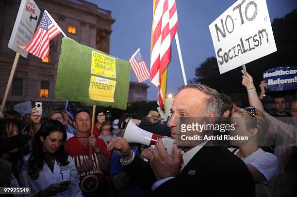Rep. Steve King talks to protesters who oppose health care reform outside the U.S. Capitol March 21, 2010 in Washington, DC. Anti-abortion Democrats,...