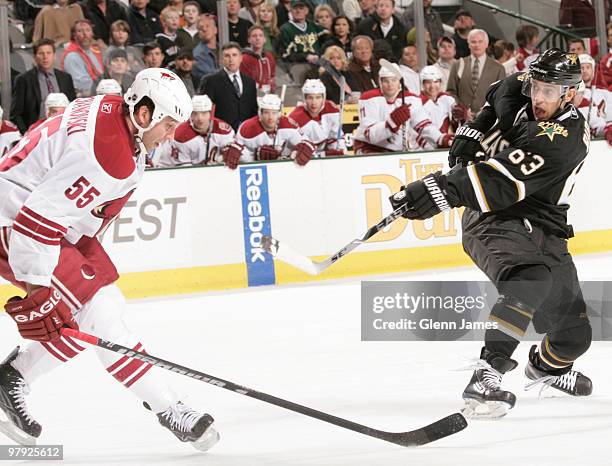 Mike Ribeiro of the Dallas Stars shoots a shot on goal against Ed Jovanovski of the Phoenix Coyotes on March 21, 2010 at the American Airlines Center...