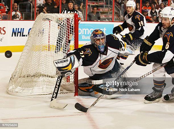 Ondrej Pavelec of the Atlanta Thrashers saves a goal against the Philadelphia Flyers at the Wachovia Center on March 21, 2010 in Philadelphia,...