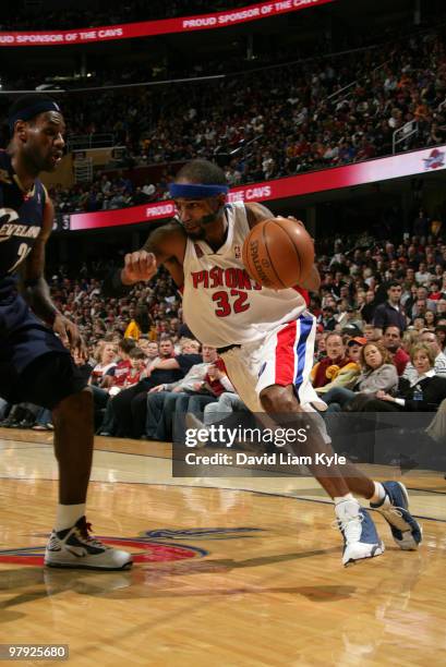 Richard Hamilton of the Detroit Pistons drives to the basket against LeBron James of the Cleveland Cavaliers on March 21, 2010 at The Quicken Loans...