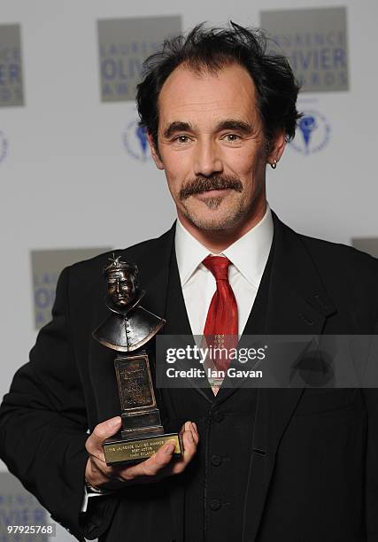 Mark Rylance, poses with his 'Best Actor' award, during the Laurence Olivier Awards at The Grosvenor House Hotel, on March 21, 2010 in London,...