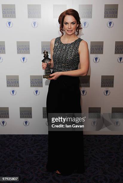 Ruth Wilson poses with her 'Best Actress in a Supporting Role' during the Laurence Olivier Awards at The Grosvenor House Hotel, on March 21, 2010 in...