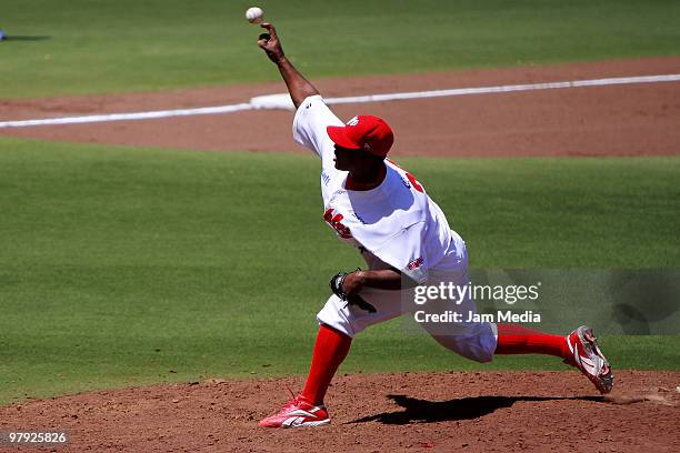 Red Devil's player Duaner Sanchez in action during their match against Acereros de Monclova as part of the 2010 Baseball Mexican League Tournament at...