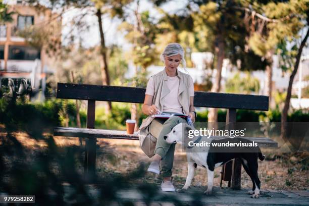 ältere frau mit hund und kaffee lesebuch im park - parkbank stock-fotos und bilder