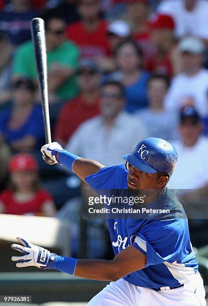 Wilson Betemit of the Kansas City Royals bats against the Los Angeles Angels of Anaheim during the MLB spring training game at Surprise Stadium on...