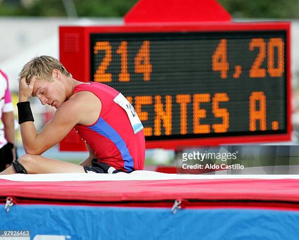 Felipe Fuentes of Chile in action during the pole vaulting competition at Alfonso Galvis stadium as part of the Odesur South American Games on March...