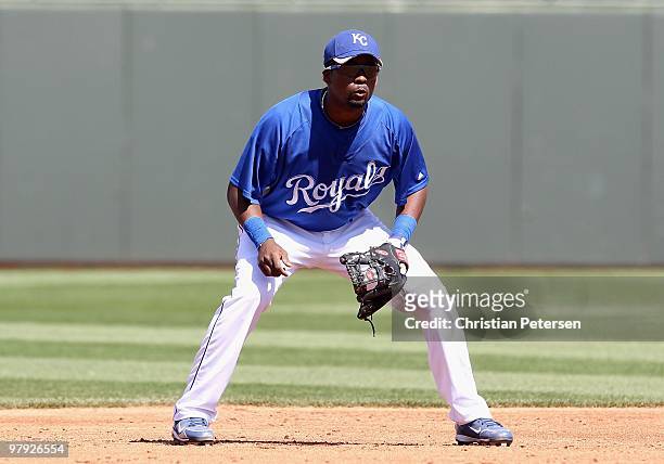 Infielder Wilson Betemit of the Kansas City Royals in action during the MLB spring training game against the Los Angeles Angels of Anaheim at...