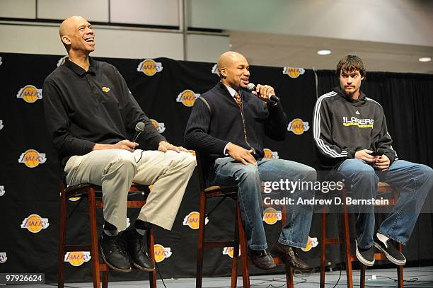 Former Laker Kareem Abdul-Jabbar and current Los Angeles Lakers Derek Fisher and Adam Morrison address the crowd during Los Angeles Lakers Fan Jam at...