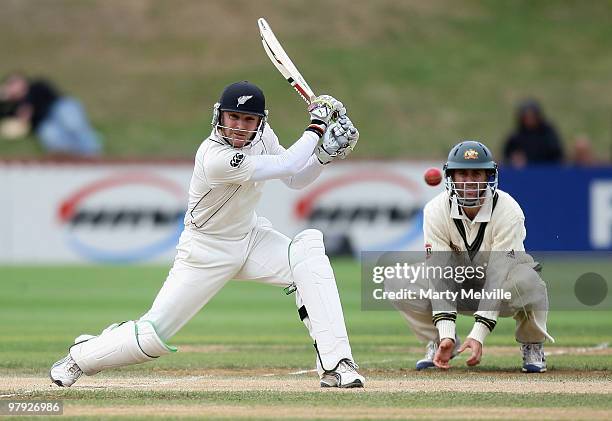 Brendon McCullum of New Zealand bats during day four of the First Test match between New Zealand and Australia at Westpac Stadium on March 22, 2010...