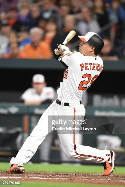 Jace Peterson of the Baltimore Orioles bats against the Boston Red Sox at Oriole Park at Camden Yards on June 11, 2018 in Baltimore, Maryland. The...