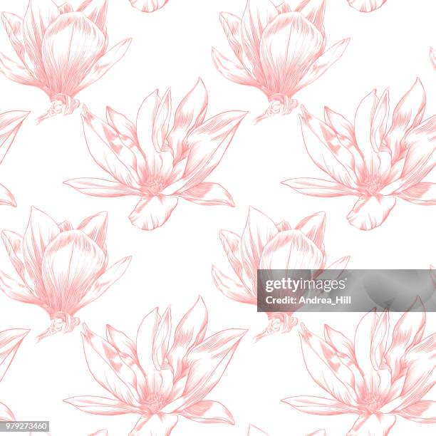 magnolia blumen design-vorlage auf nahtlose muster in aquarell und tusche - black white floral wallpaper stock-grafiken, -clipart, -cartoons und -symbole