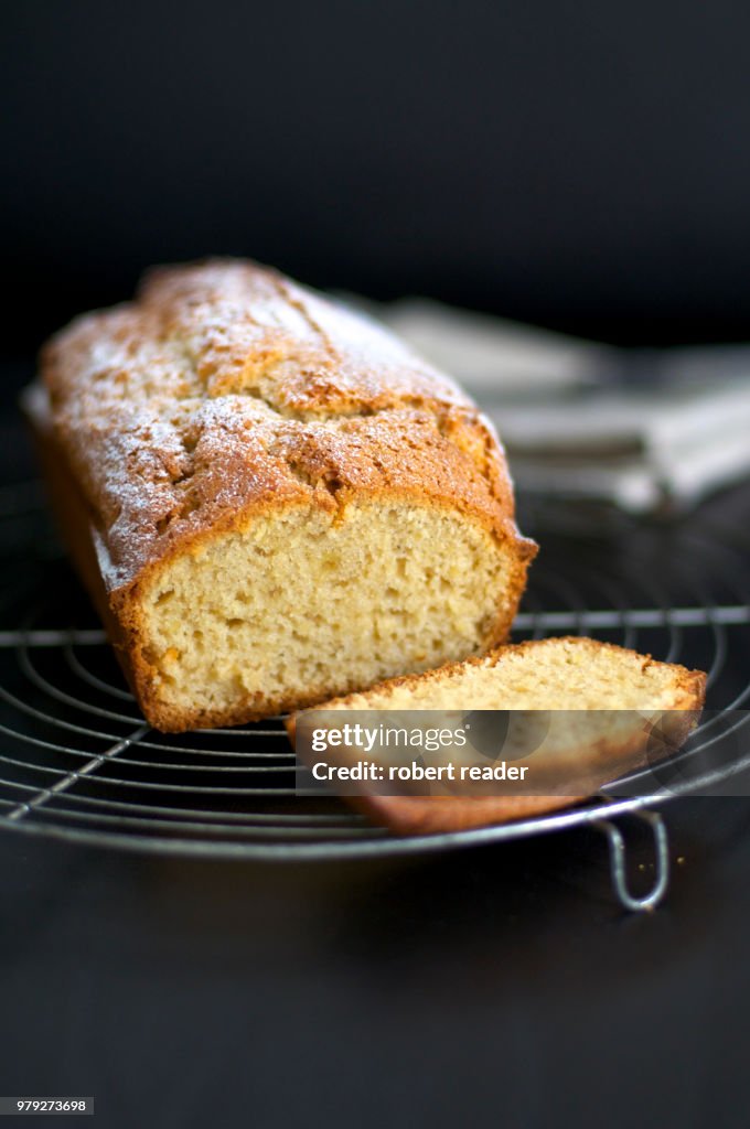 Sponge Madeira loaf cake on wire rack