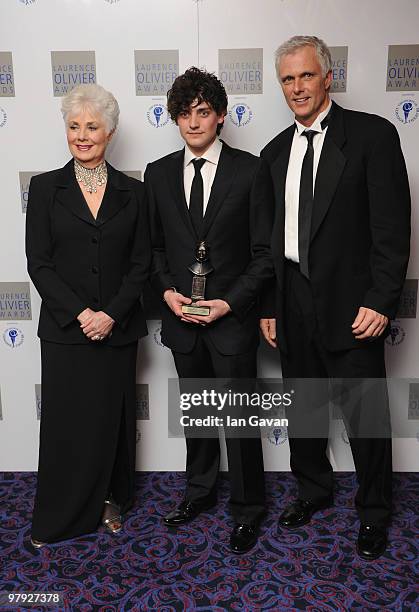 Aneurin Barnard, winner of the 'Best Actor in a Musical' poses with presenter Shirley Jones and Patrick Cassidy during the Laurence Olivia Awards at...