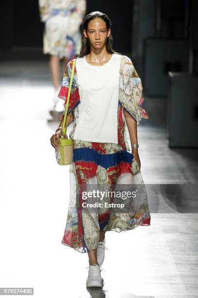 Model walks the runway at the Hunting World show during Milan Men's Fashion Week Spring/Summer 2019 on June 18, 2018 in Milan, Italy.