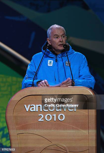 Chief Executive Officer John Furlong addresses the crowd during the Closing Ceremony on Day 10 of the 2010 Vancouver Winter Paralympics at Whistler...