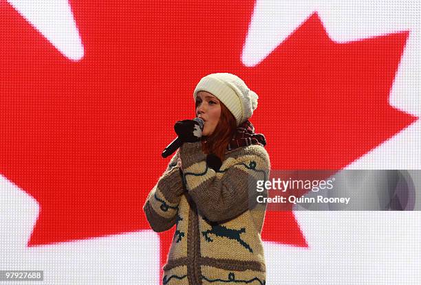 Singer Ali Milner performs during the Closing Ceremony on Day 10 of the 2010 Vancouver Winter Paralympics at Whistler Medals Plaza on March 21, 2010...