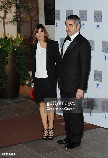 Sunetra Sastry and Rowan Atkinson attend the Laurence Olivier Awards at The Grosvenor House Hotel, on March 21, 2010 in London, England.