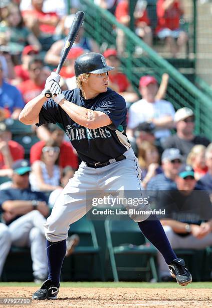 Eric Byrnes of the Seattle Mariners at bat during the game against the Los Angeles Angels of Anaheim on March 21, 2010 at Tempre Diablo Stadium in...