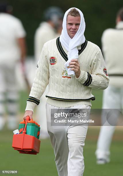 Steven Smith of Australia walks from the field after a drinks break during day four of the First Test match between New Zealand and Australia at...