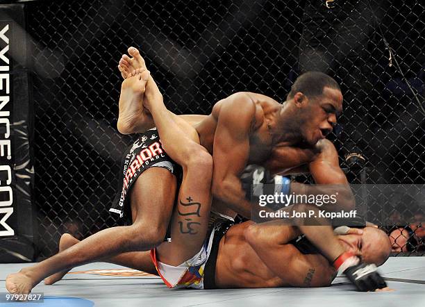 Fighter Jon Jones battles UFC fighter Brandon Vera during their Light Heavyweight fight at UFC Fight Night: Vera vs. Jones at the 1st Bank Center on...