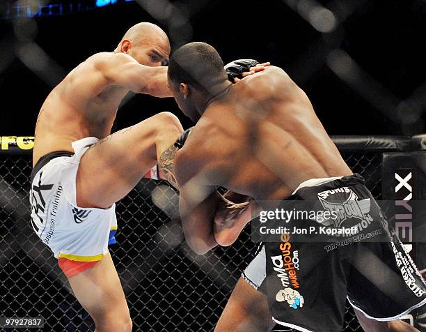 Fighter Brandon Vera battles UFC fighter Jon Jones during their Light Heavyweight fight at UFC Fight Night: Vera vs. Jones at the 1st Bank Center on...