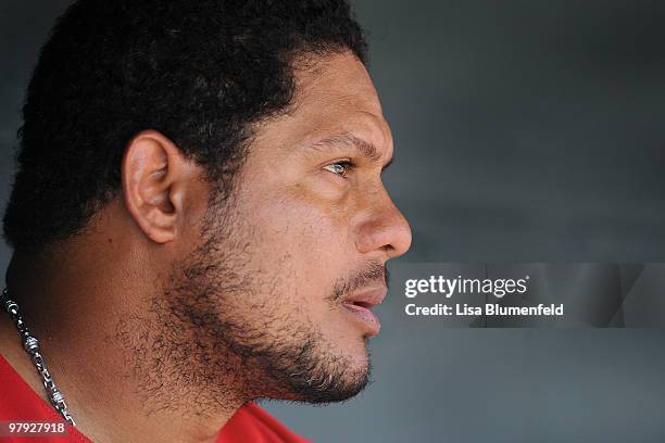 Bobby Abreu of the Los Angeles Angels of Anaheim looks on during the game against the Seattle Mariners on March 21, 2010 at Tempe Diablo Stadium in...