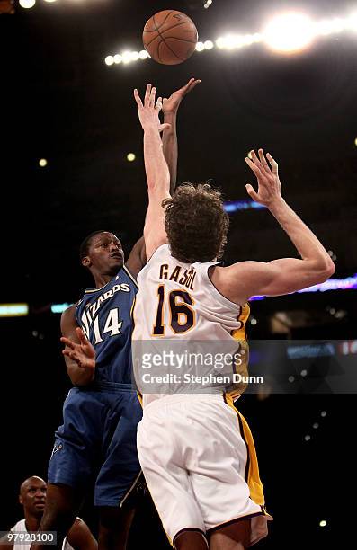 Al Thornton of the Washington Wizards shoots over Pau Gasol of the Los Angeles Lakers on March 21, 2010 at Staples Center in Los Angeles, California....