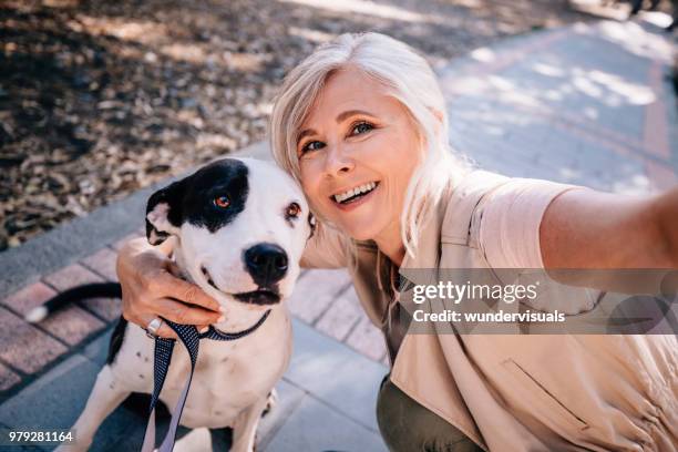 glimlachend senior vrouw nemen van selfies met huisdier hond in park - alleen seniore vrouwen stockfoto's en -beelden