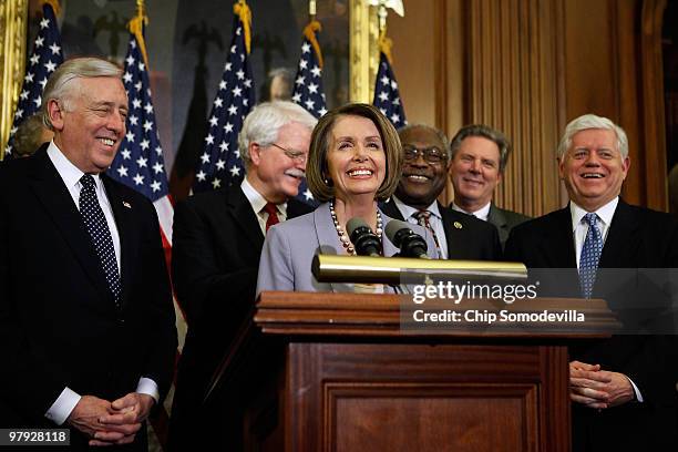 Speaker of the House Nancy Pelosi delivers remarks during a press conference with House Majority Leader Steny Hoyer , Rep. George Miller , Majority...
