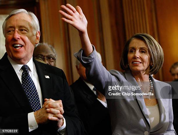 House Majority Leader Steny Hoyer and Speaker of the House Nancy Pelosi hold a news conference after the House passed health care reform legislation...