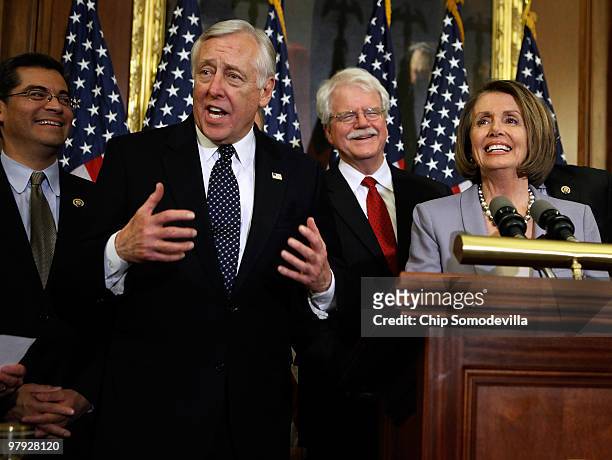 Rep. Xavier Becerra , House Majority Leader Steny Hoyer , Rep. George Miller and Speaker of the House Nancy Pelosi hold a news conference after the...