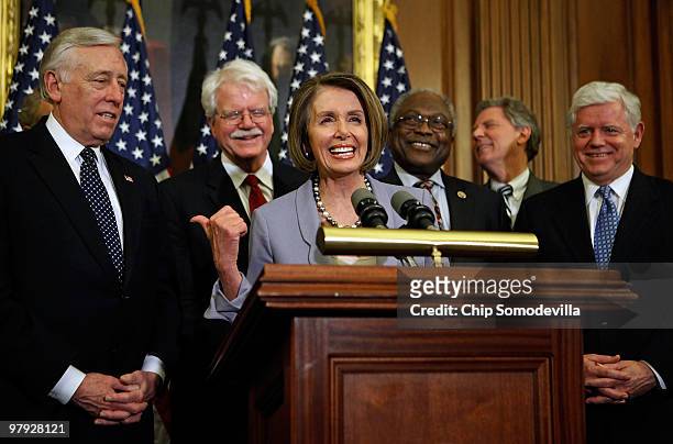Speaker of the House Nancy Pelosi delivers remarks during a press conference with House Majority Leader Steny Hoyer , Rep. George Miller , Majority...