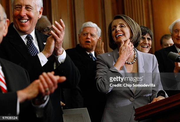 House Majority Leader Steny Hoyer , Rep. John Larson , Speaker of the House Nancy Pelosi and Rep. Rosa DeLauro hold a news conference after the House...
