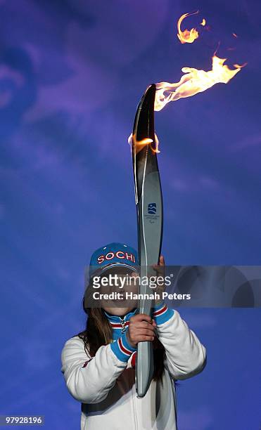 The Paralympic torch is passed onto Sochi during the Closing Ceremony on Day 10 of the 2010 Vancouver Winter Paralympics at Whistler Medals Plaza on...