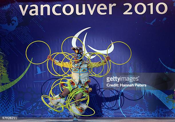 Lil'wat Nation hoop dancer performs during the Closing Ceremony on Day 10 of the 2010 Vancouver Winter Paralympics at Whistler Medals Plaza on March...