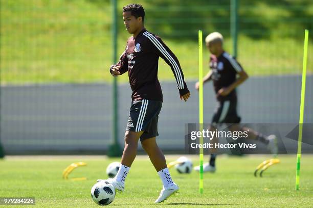 Giovani dos Santos of Mexico drives the ball during a training session at Training Base Novogorsk-Dynamo, on June 20, 2018 in Moscow, Russia.