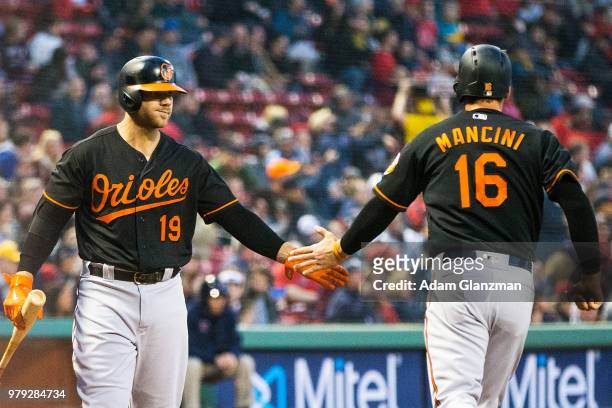 Chris Davis high fives Trey Mancini of the Baltimore Orioles after scoring during a game against the Boston Red Sox at Fenway Park on April 13, 2018...