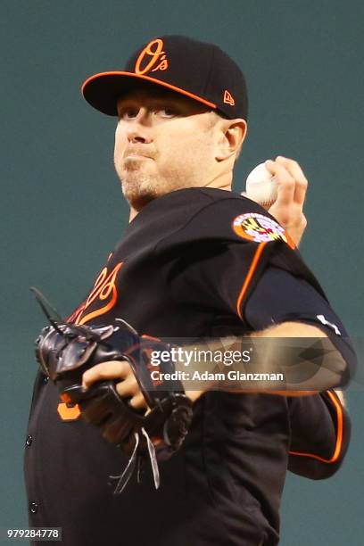 Chris Tillman of the Baltimore Orioles pitches in the first inning of a game against the Boston Red Sox at Fenway Park on April 13, 2018 in Boston,...