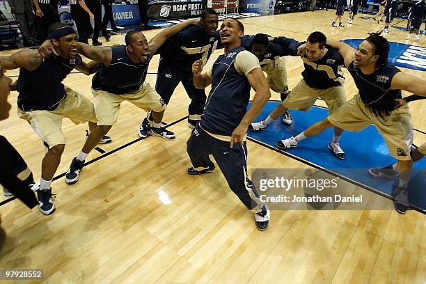 Nick Rivers of the Pittsburgh Panthers pumps his teammates up before taking on the Xavier Musketeers during the second round of the 2010 NCAA men's...