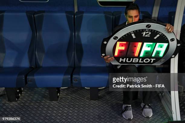 Hublot substitute board is prepared during the 2018 FIFA World Cup Russia group A match between Russia and Egypt at Saint Petersburg Stadium on June...