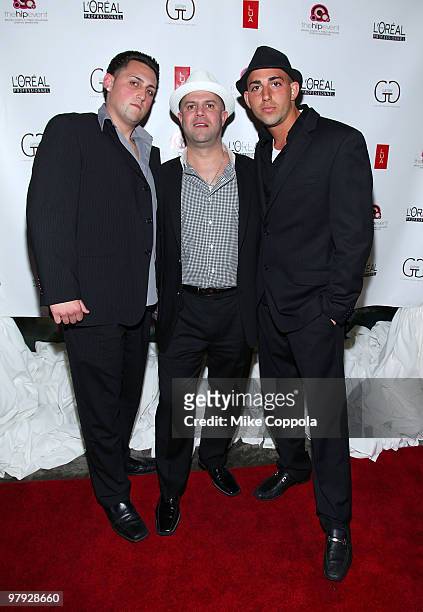 Jerseylicious cast members Frankie Bugligone, Anthony Lombardi, and Lorenzo Gangala attend the Gatsby Salon's Premiere Party at LUA on March 21, 2010...