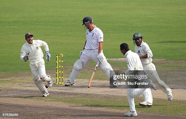 England batsman Jonathan Trott plays on to his stumps after scoring 64 runs during day three of the 2nd Test match between Bangladesh and England at...