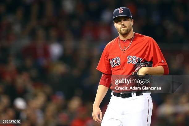 Heath Hembree of the Boston Red Sox looks on during a game against ethics's Baltimore Orioles at Fenway Park on April 13, 2018 in Boston,...