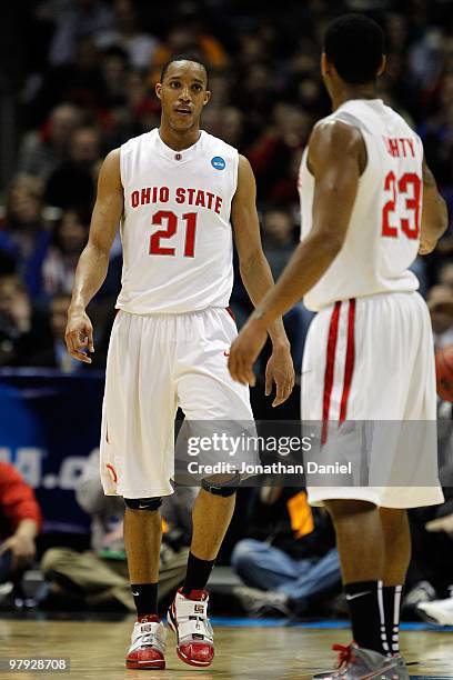 Evan Turner of the Ohio State Buckeyes reacts while taking on the Georgia Tech Yellow Jackets in the first half during the second round of the 2010...